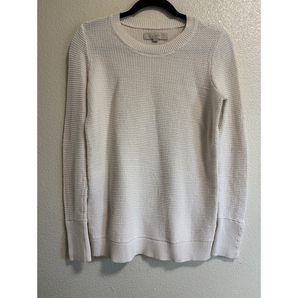 LOFT Crew Neck Sweater 100% Cotton Knit Ribbed Fisherman Cream Ivory Size M